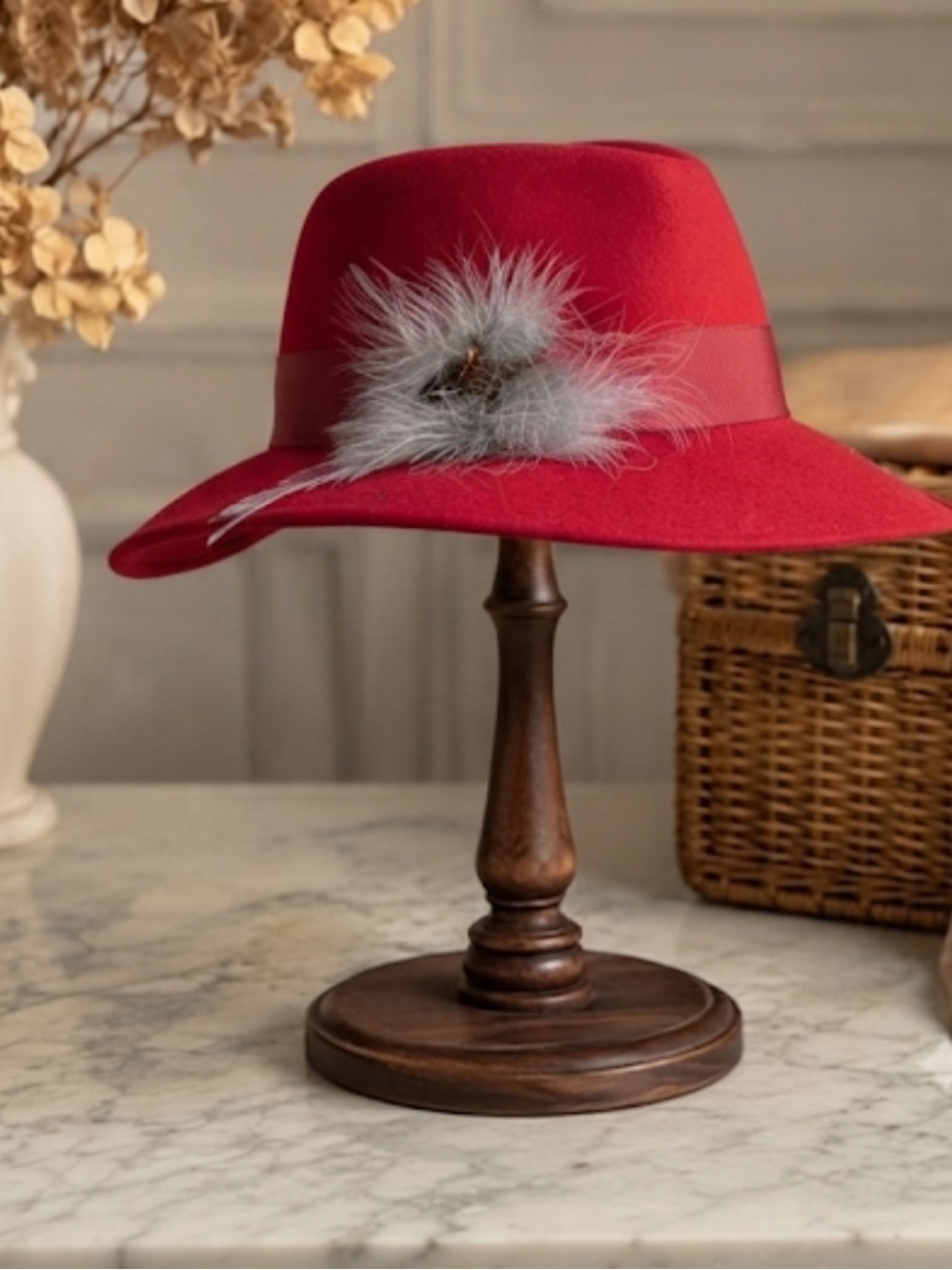 VTG Geo. W. Bollman Red Doeskin Felt Wool Fedora Hat w/ Feathers